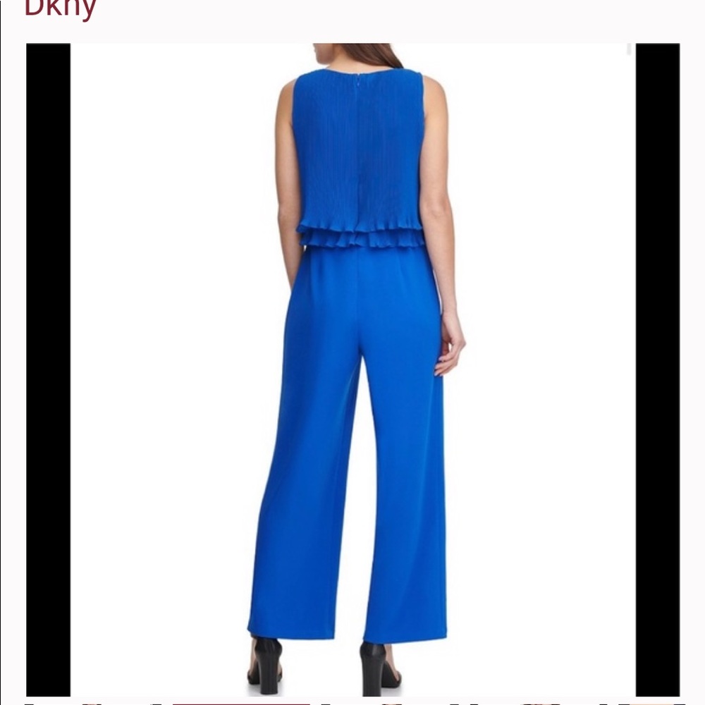 DKNY Blue Pleated Popover Chiffon & Scuba Crepe Jumpsuit